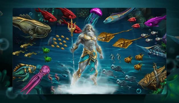 Poseidon surrounded by fish in King of Ocean